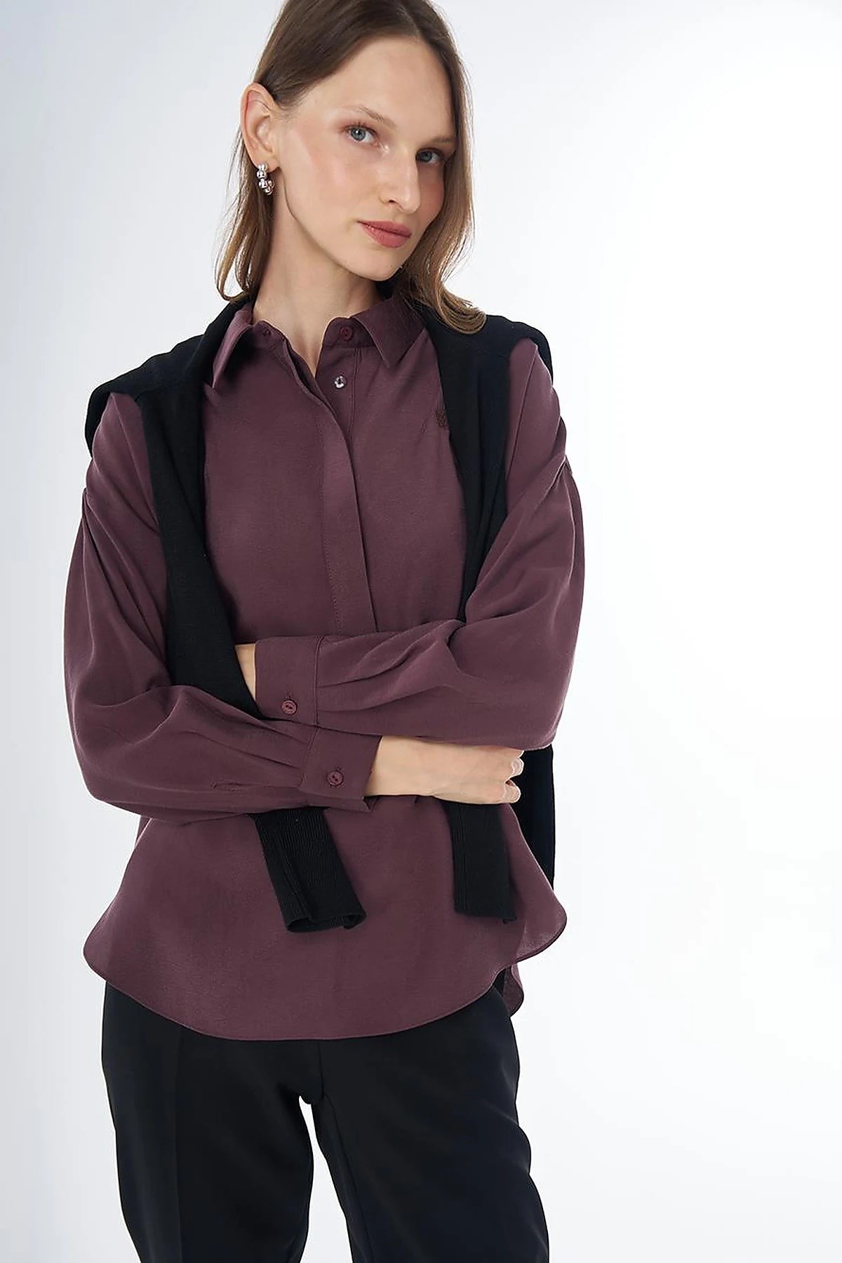 Kayra Yarım Pat Basic Bluz Bordo KA-SZ-10512
