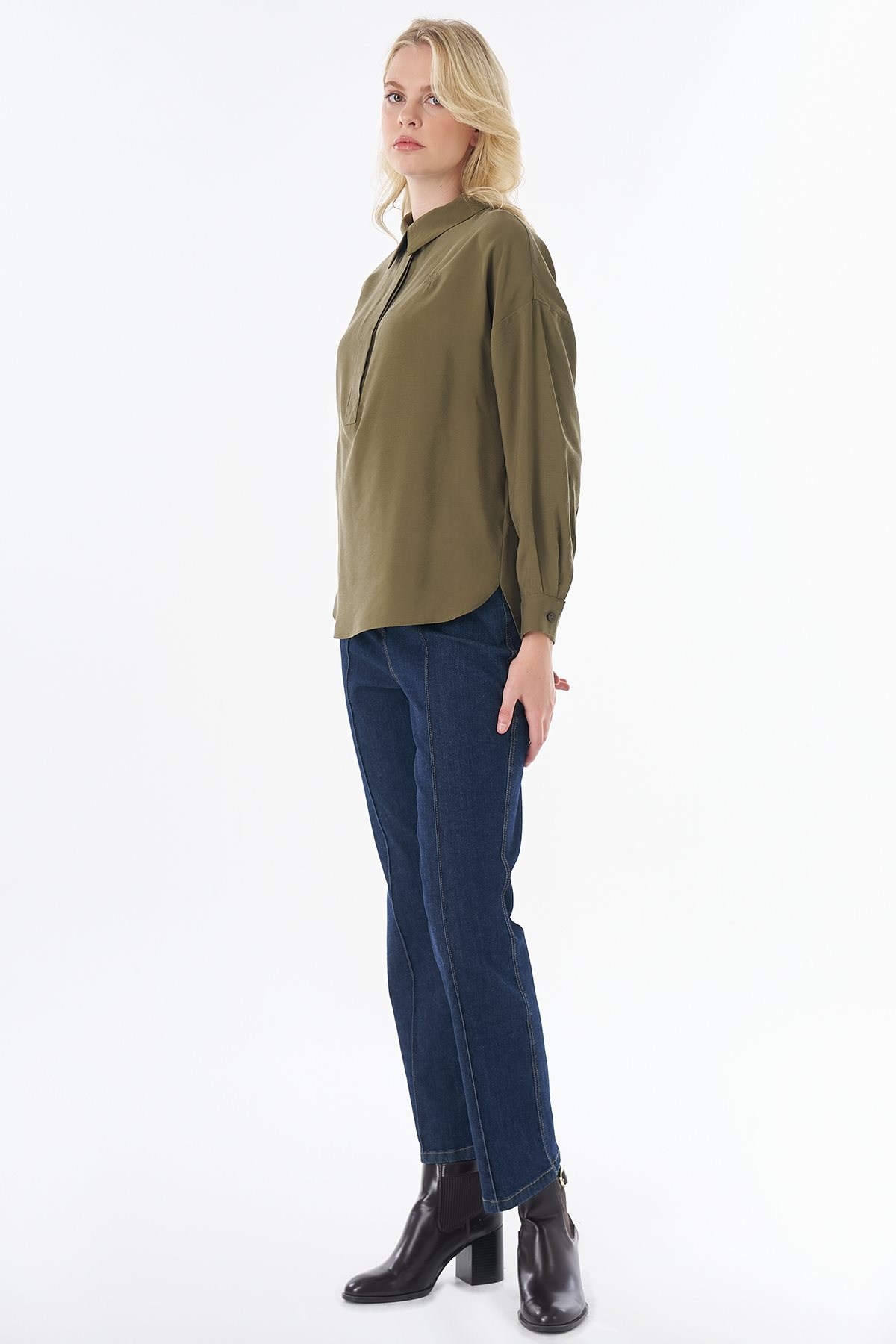 Kayra Yarım Pat Basic Bluz Haki KA-SZ-10512
