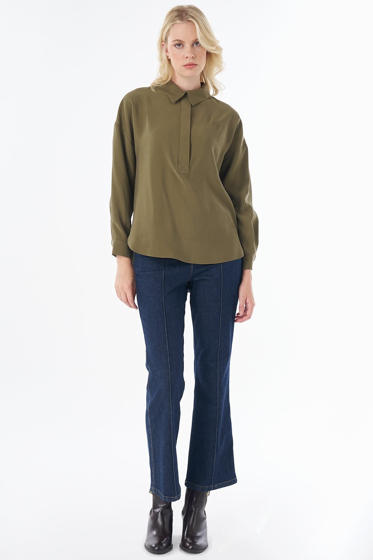 Kayra Yarım Pat Basic Bluz Haki KA-SZ-10512