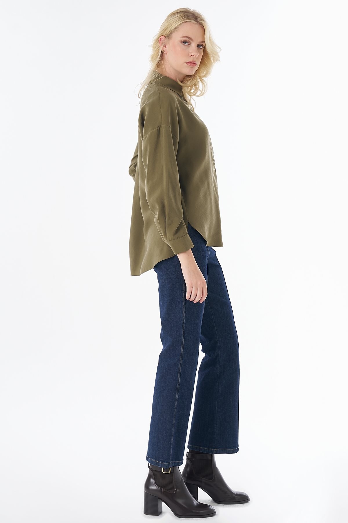 Kayra Yarım Pat Basic Bluz Haki KA-SZ-10512