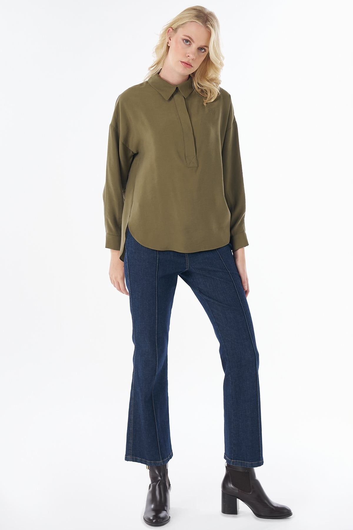 Kayra Yarım Pat Basic Bluz Haki KA-SZ-10512