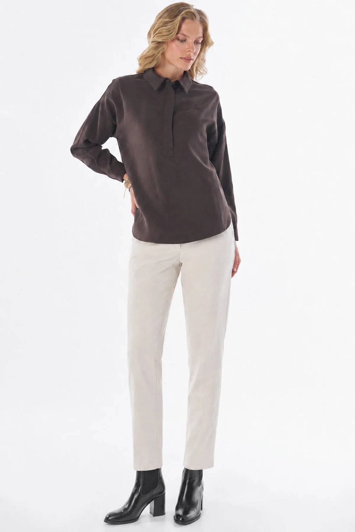 Kayra Yarım Pat Basic Bluz Kahve KA-SZ-10512