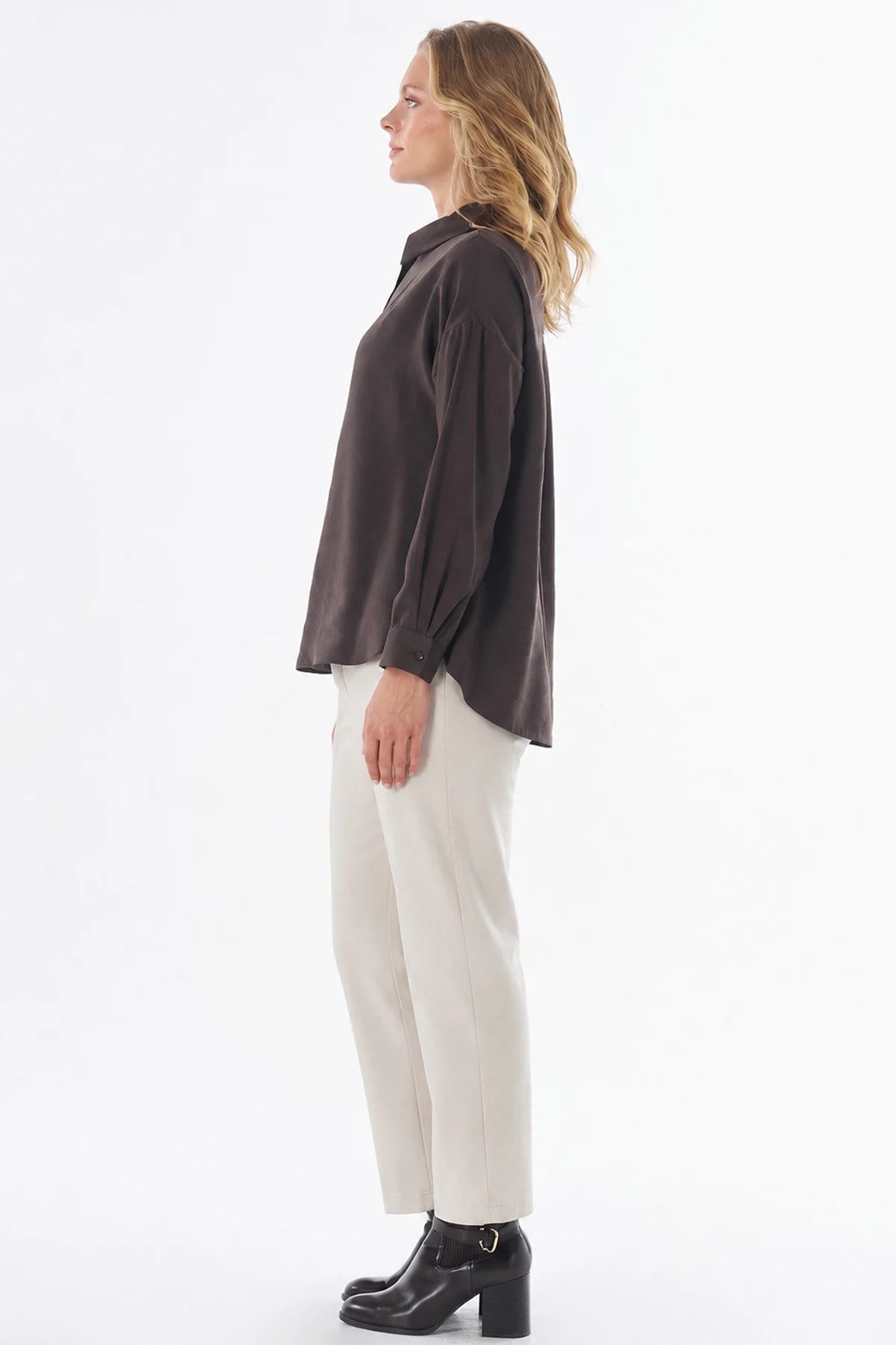 Kayra Yarım Pat Basic Bluz Kahve KA-SZ-10512