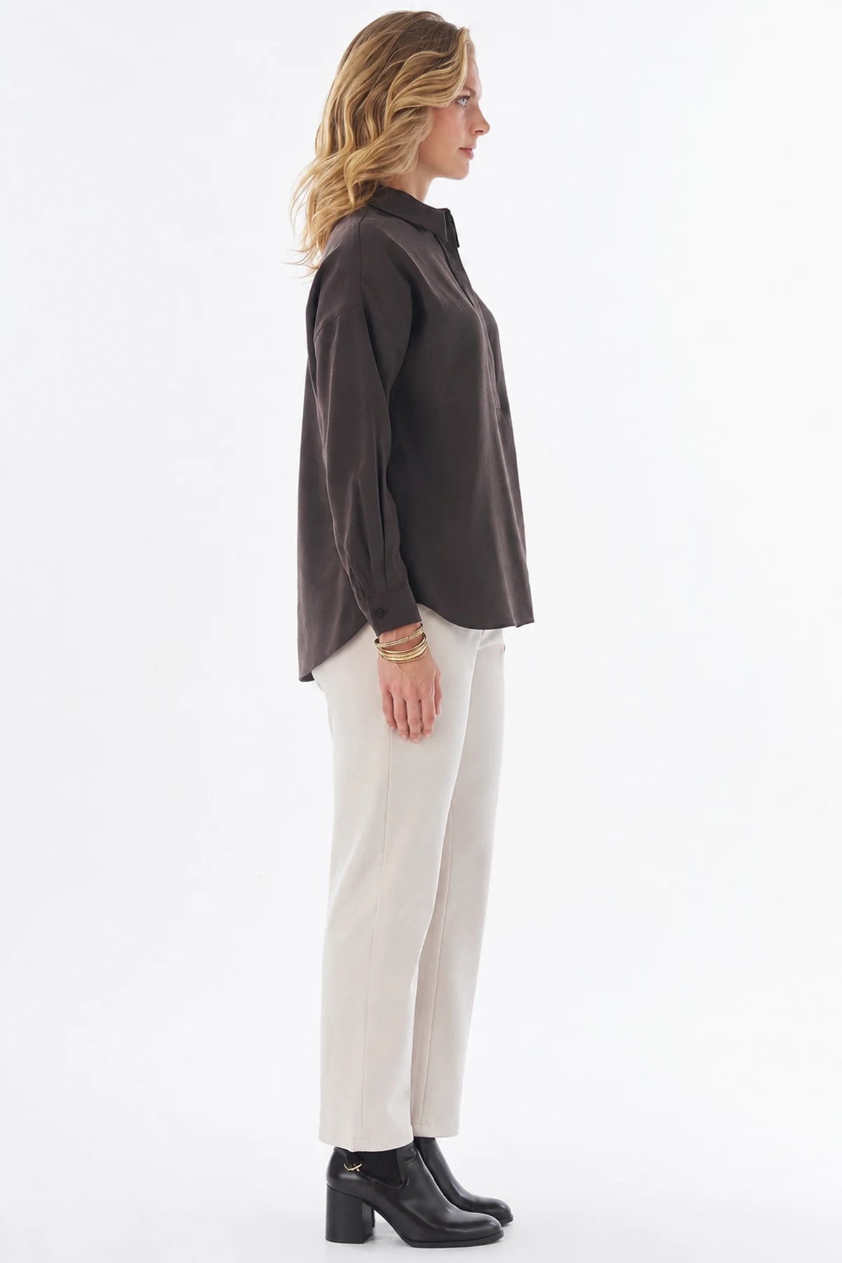 Kayra Yarım Pat Basic Bluz Kahve KA-SZ-10512