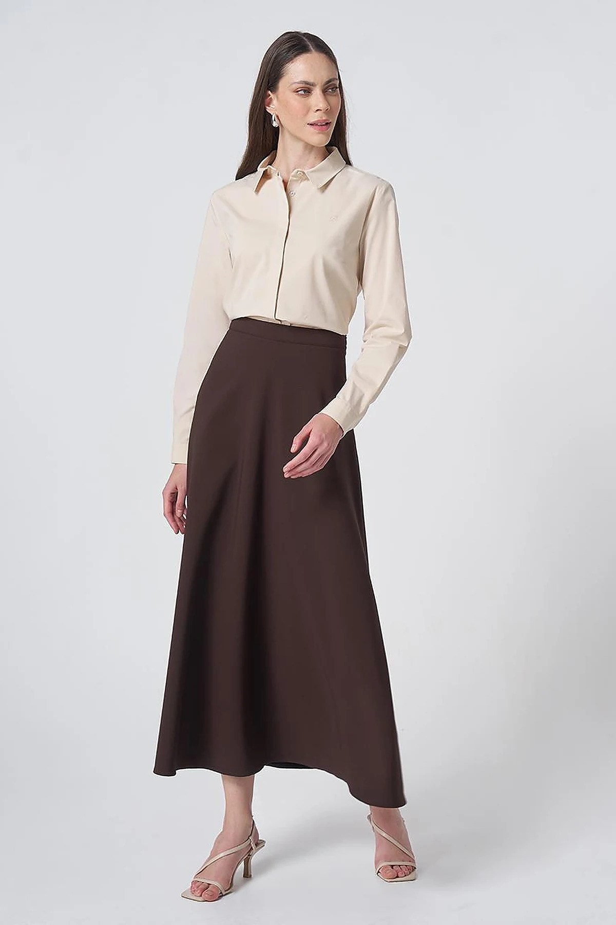 KAYRA Yüksek Bel Kloş Etek Kahve KA-SZ-12507