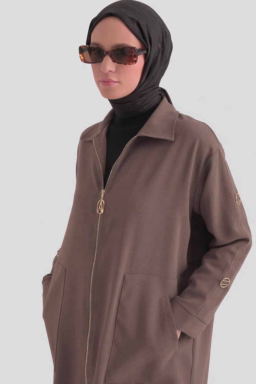 Kolları Şerit Detaylı Boydan Fermuarlı Allerli Giy Çık Vizon 26YT516