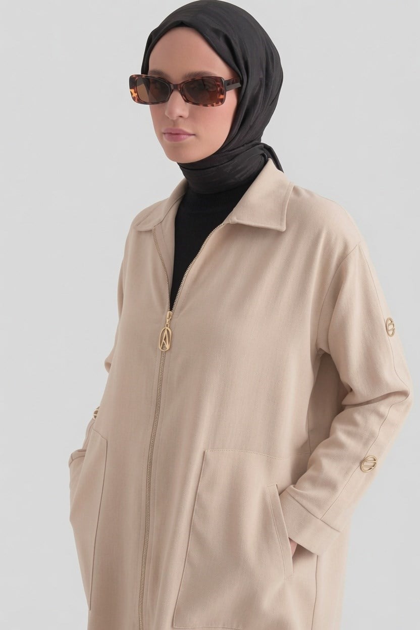 Kolları Şerit Detaylı Boydan Fermuarlı Allerli Giy Çık Latte 26YT516