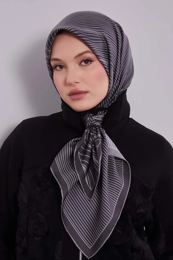 LEVİDOR Gri Çizgili Model Sura İpek Eşarp 1800-91