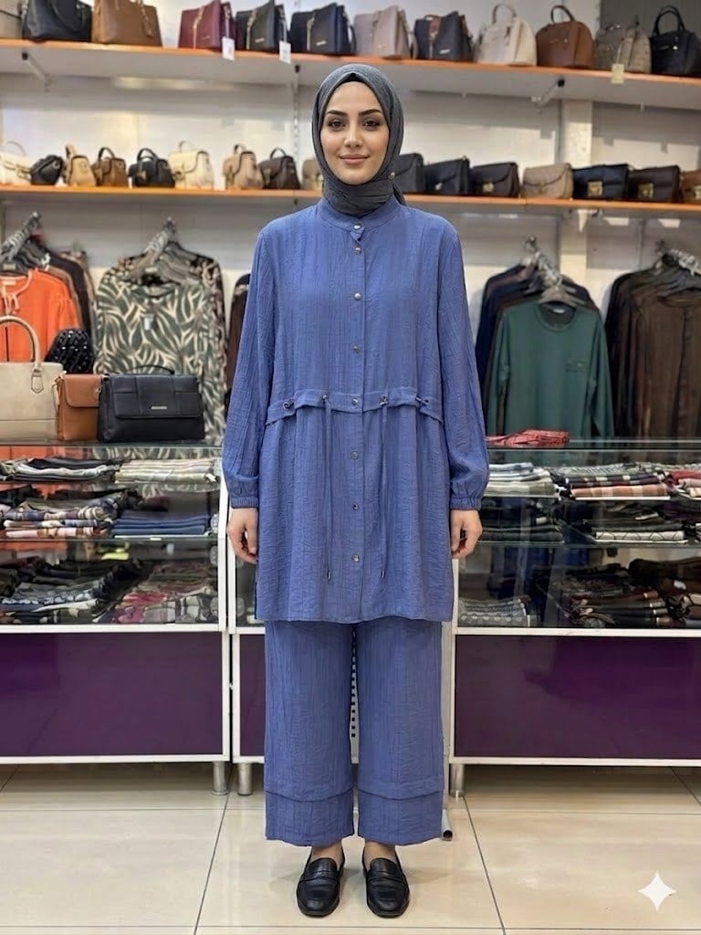 MELİH Tunik Beli Bağcıklı Pantolonlu Bayan Takım İndigo 5174
