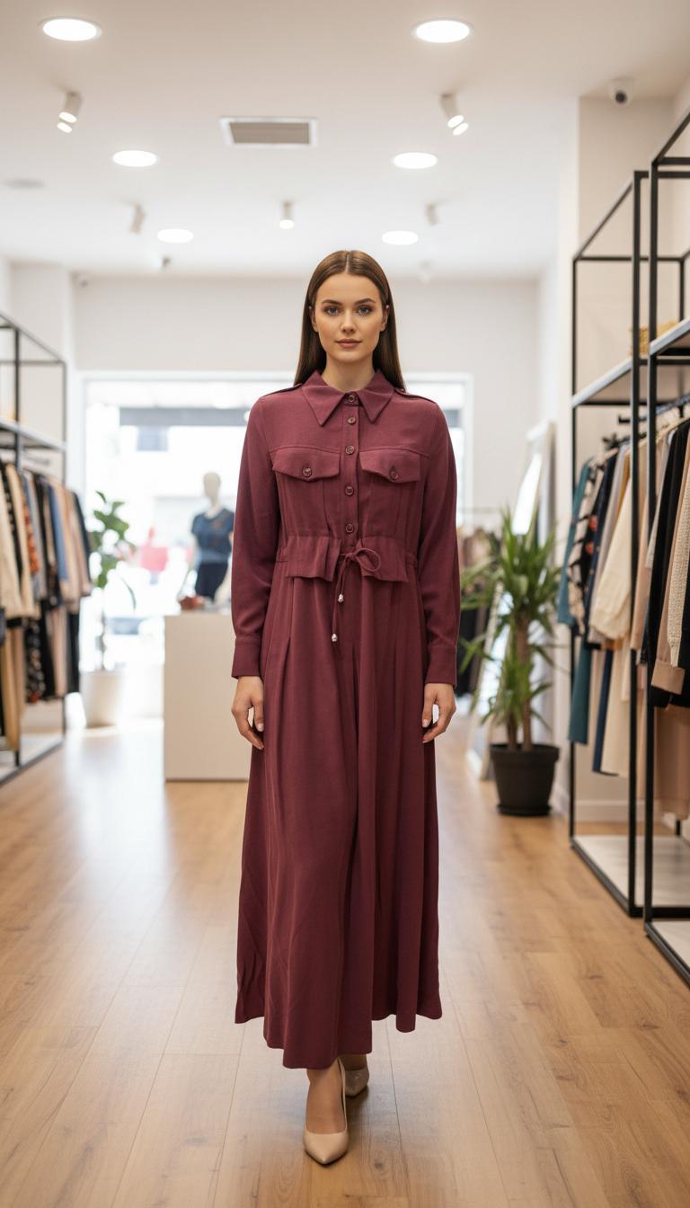 NAQSHE Kapaklı Elbise Bordo