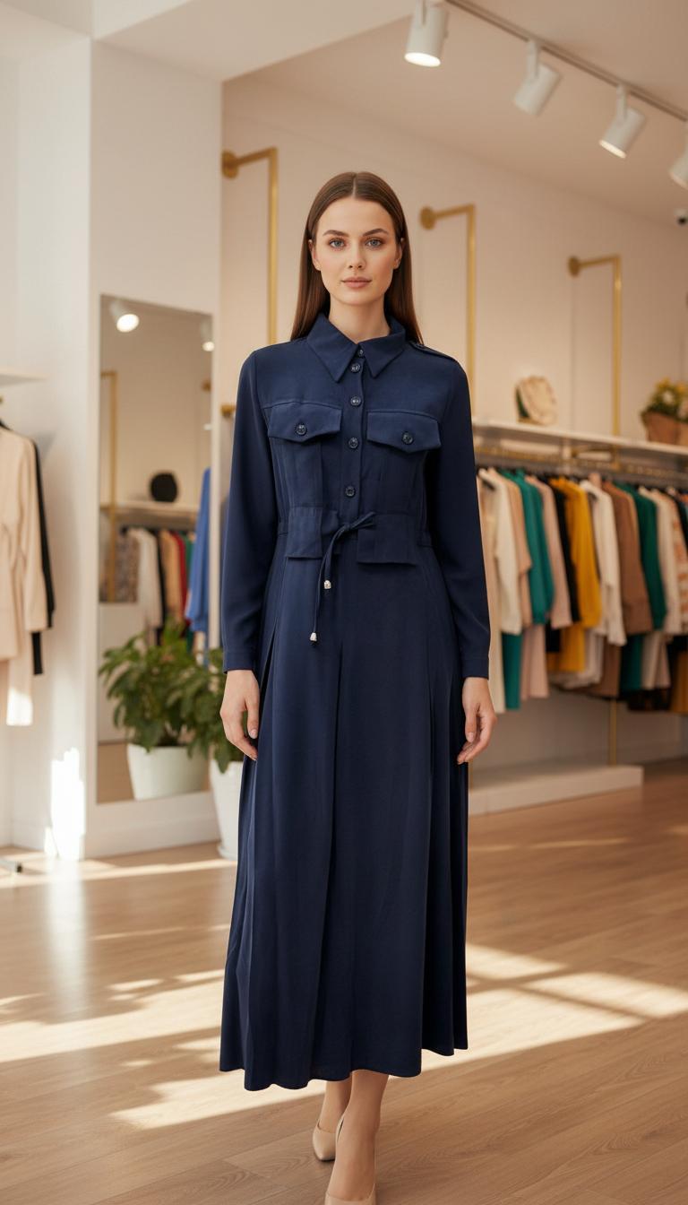 NAQSHE Kapaklı Elbise Lacivert