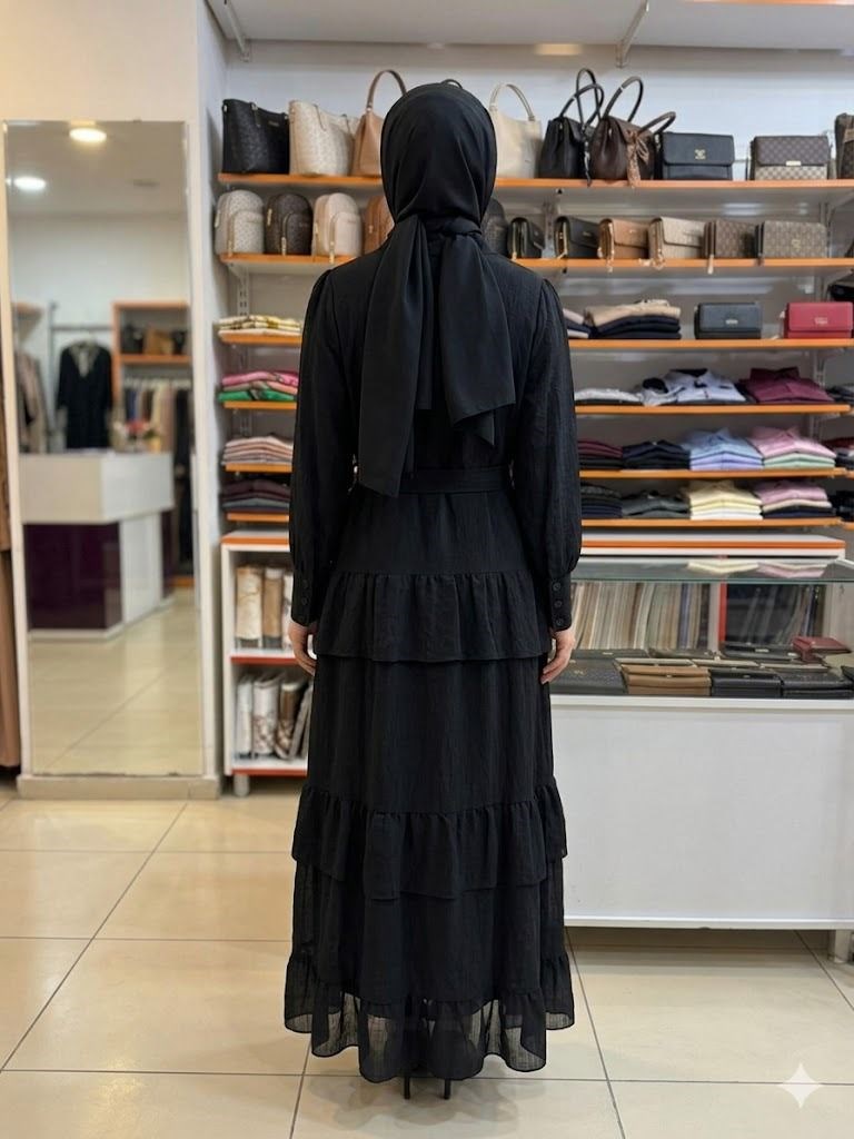 Naqshe Kat Kat Elbise Viskon Kumaş Siyah