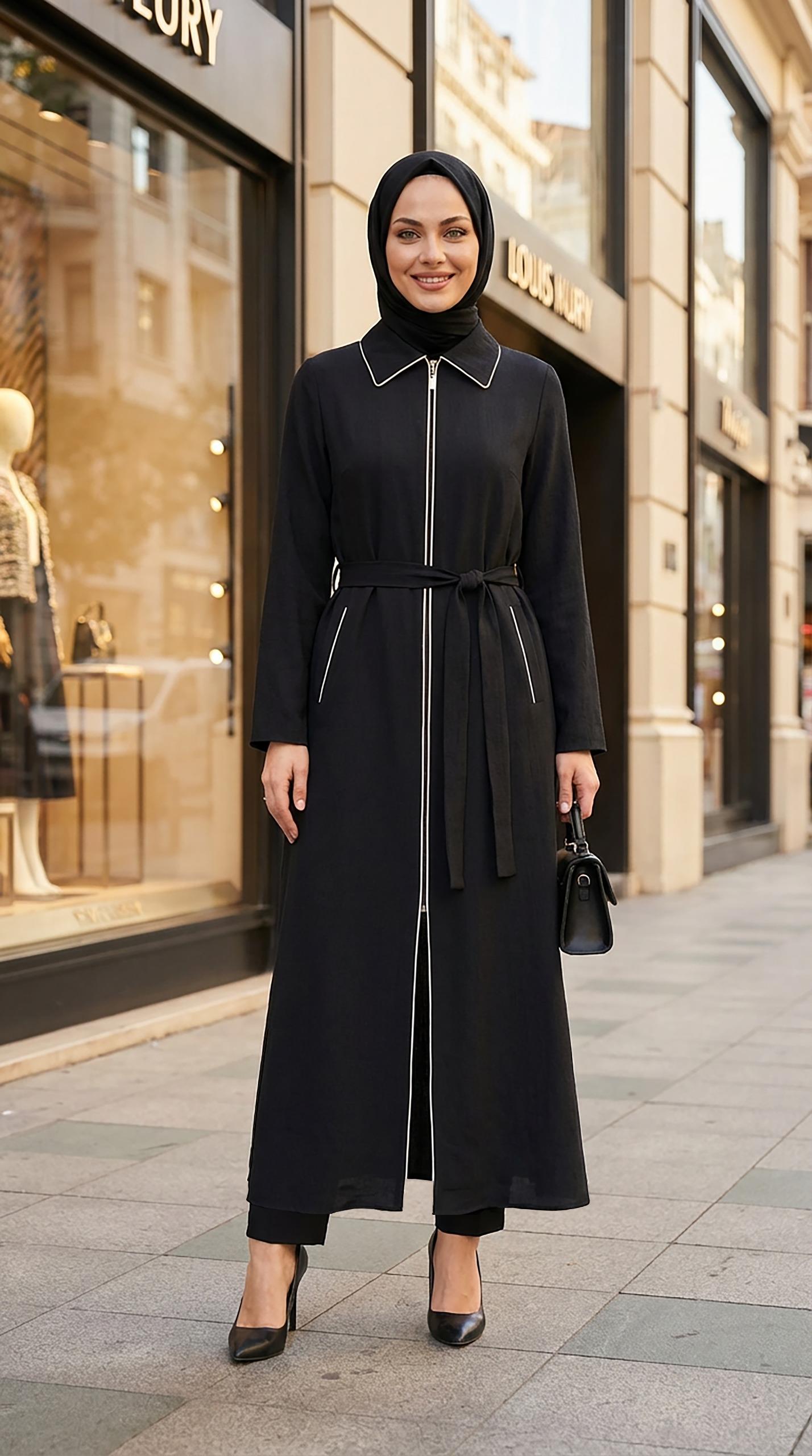 Nihle Belden Bağcıklı ve Fermuarlı Pardösü Siyah