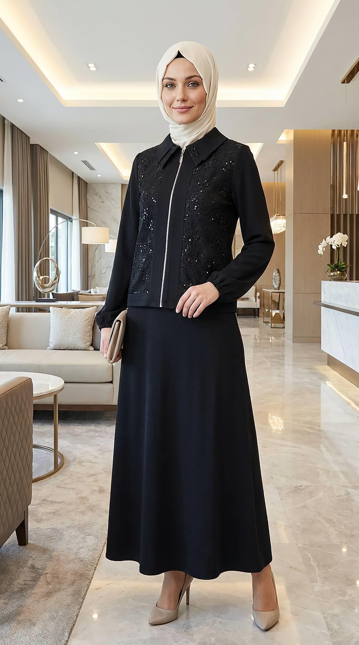 Nihle Dantel Detaylı Twill Kumaş Bayan Takım Siyah