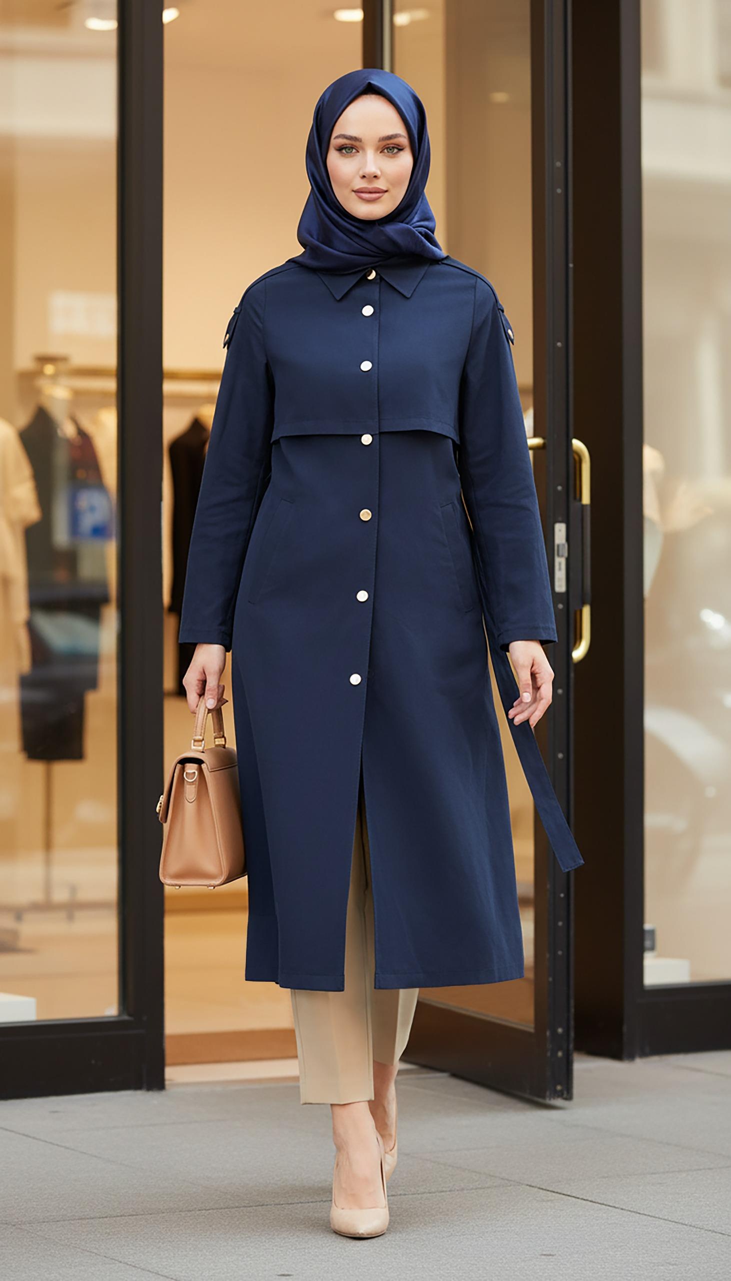 Nihle Düğme ve Apolet Detaylı Bağcıklı Kap Lacivert