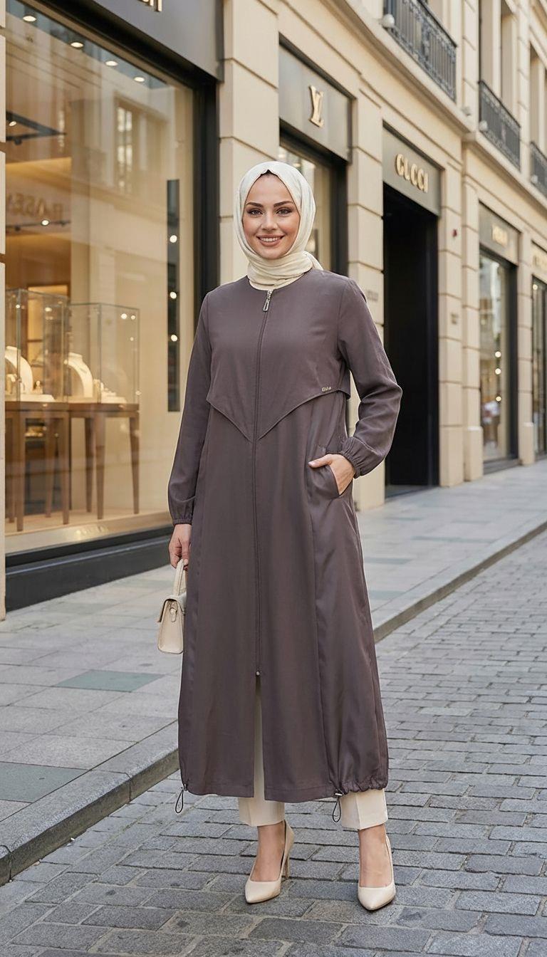 Nihle Fermuarlı Alttan Lastikli Kap Kahverengi