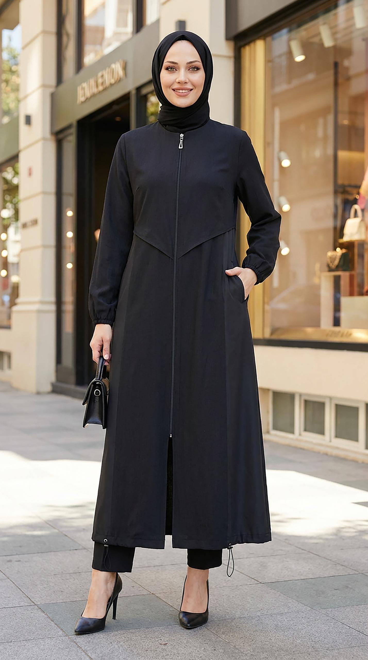 Nihle Fermuarlı Alttan Lastikli Kap Siyah