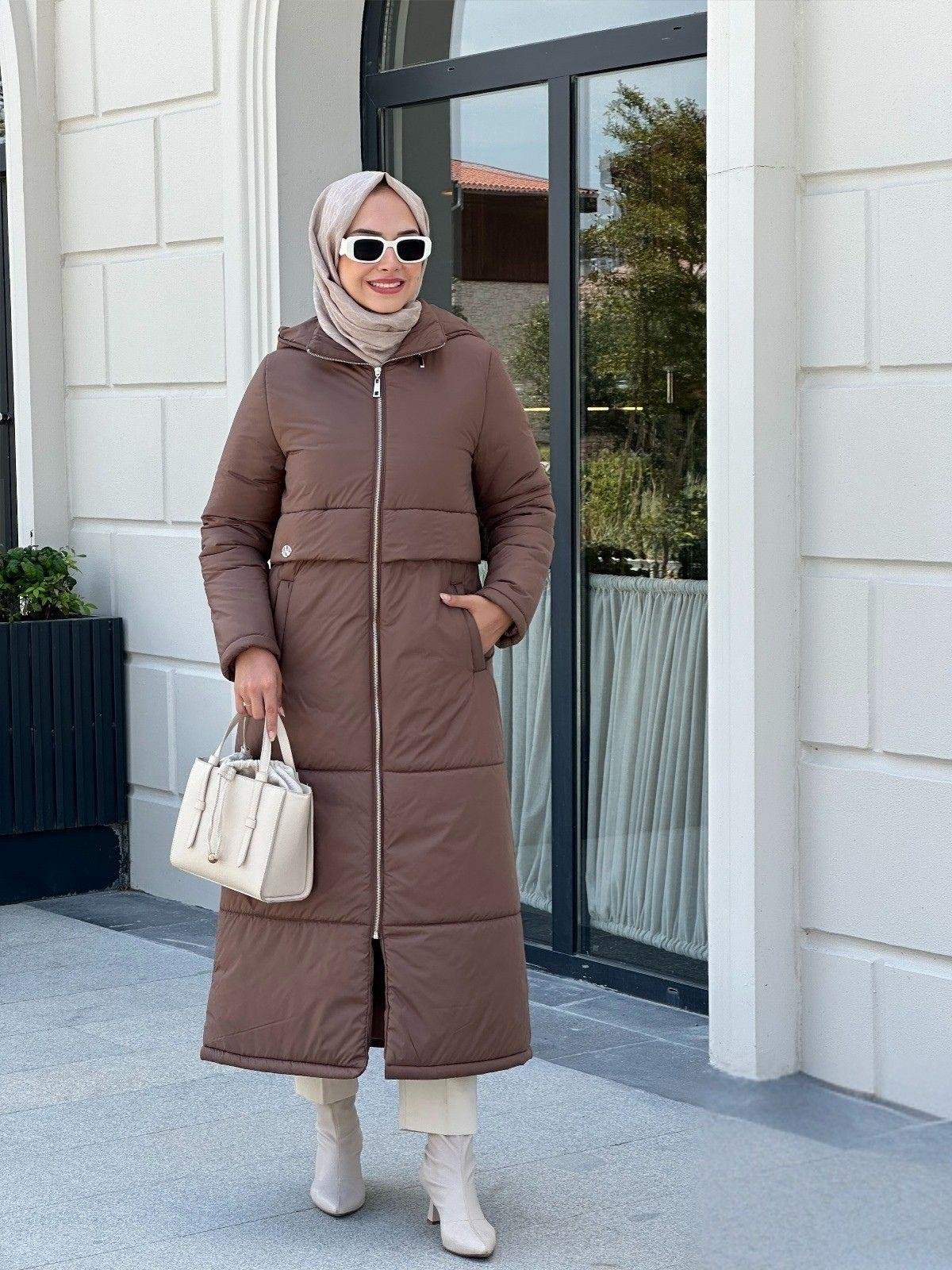 Nihle Kapitone Kumaş Kapüşonlu Mont Kahverengi