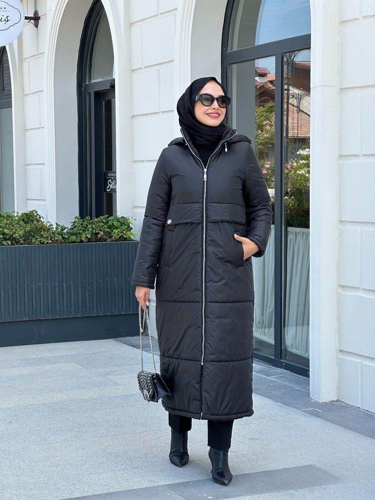 Nihle Kapitone Kumaş Kapüşonlu Mont Siyah