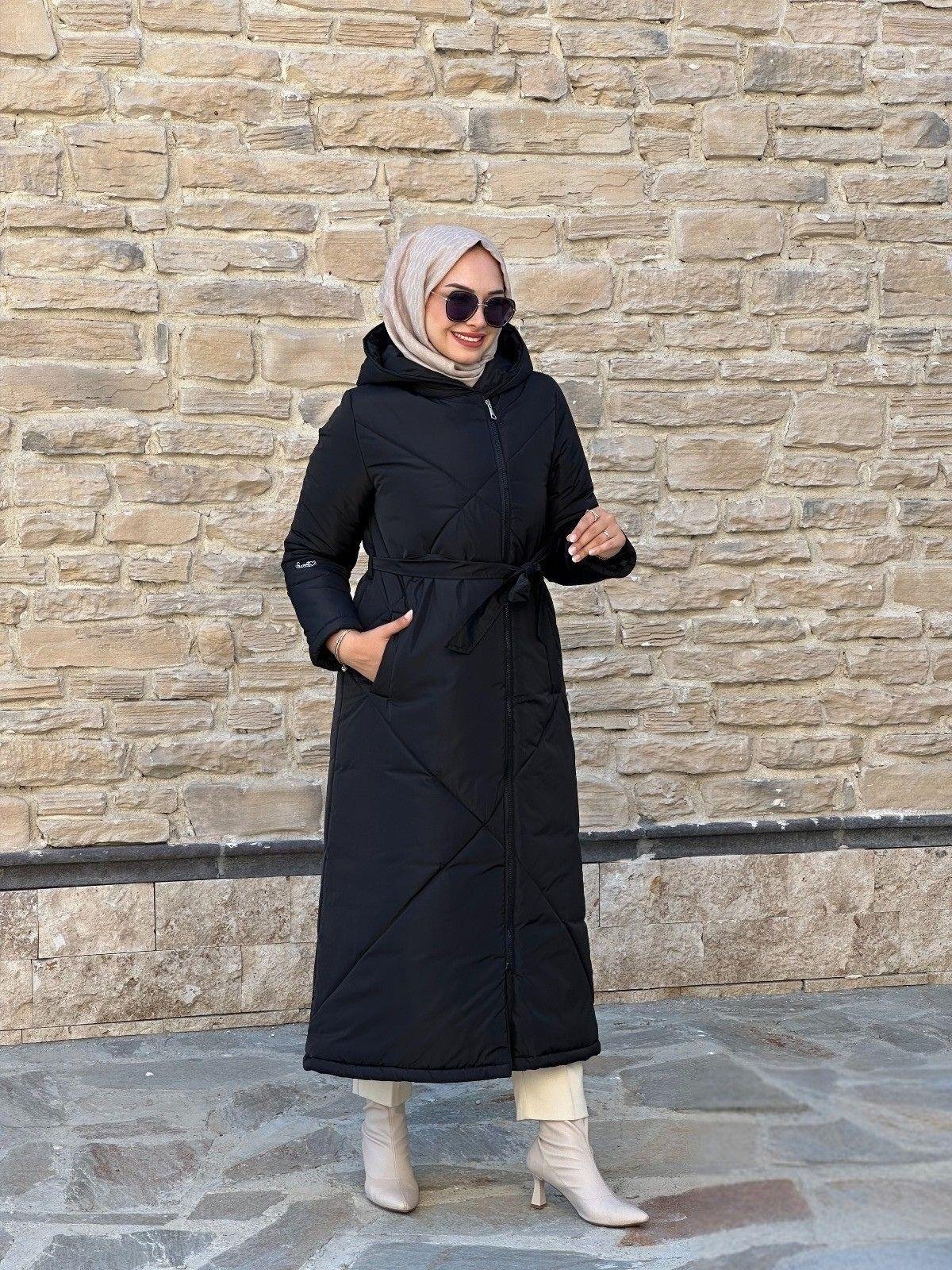 Nihle Kapüşonlu Astarlı Kışlık Su Geçirmez Kap Siyah