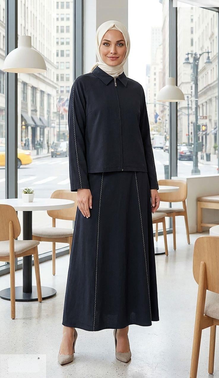 Nihle Koldan Şerit Detaylı Ceket Fermuarlı Etekli Takım