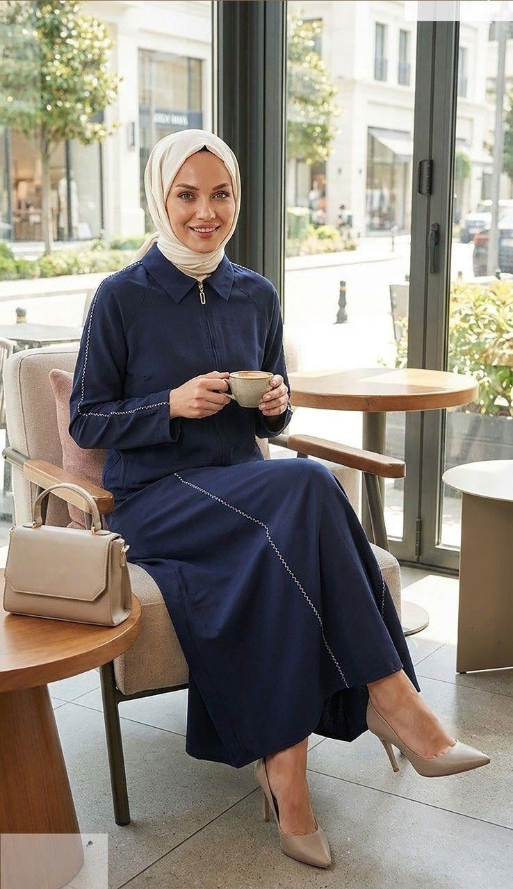 Nihle Koldan Şerit Detaylı Ceket Fermuarlı Etekli Takım Lacivert