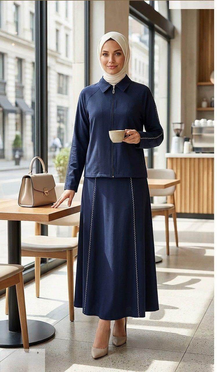 Nihle Koldan Şerit Detaylı Ceket Fermuarlı Etekli Takım Lacivert