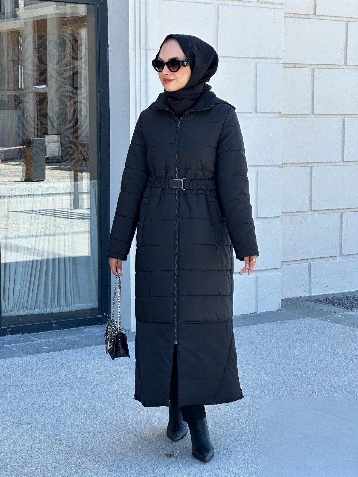 Nihle Su Geçirmez Kumaş Çıkartılabilir Kemerli Kışlık Kap Siyah