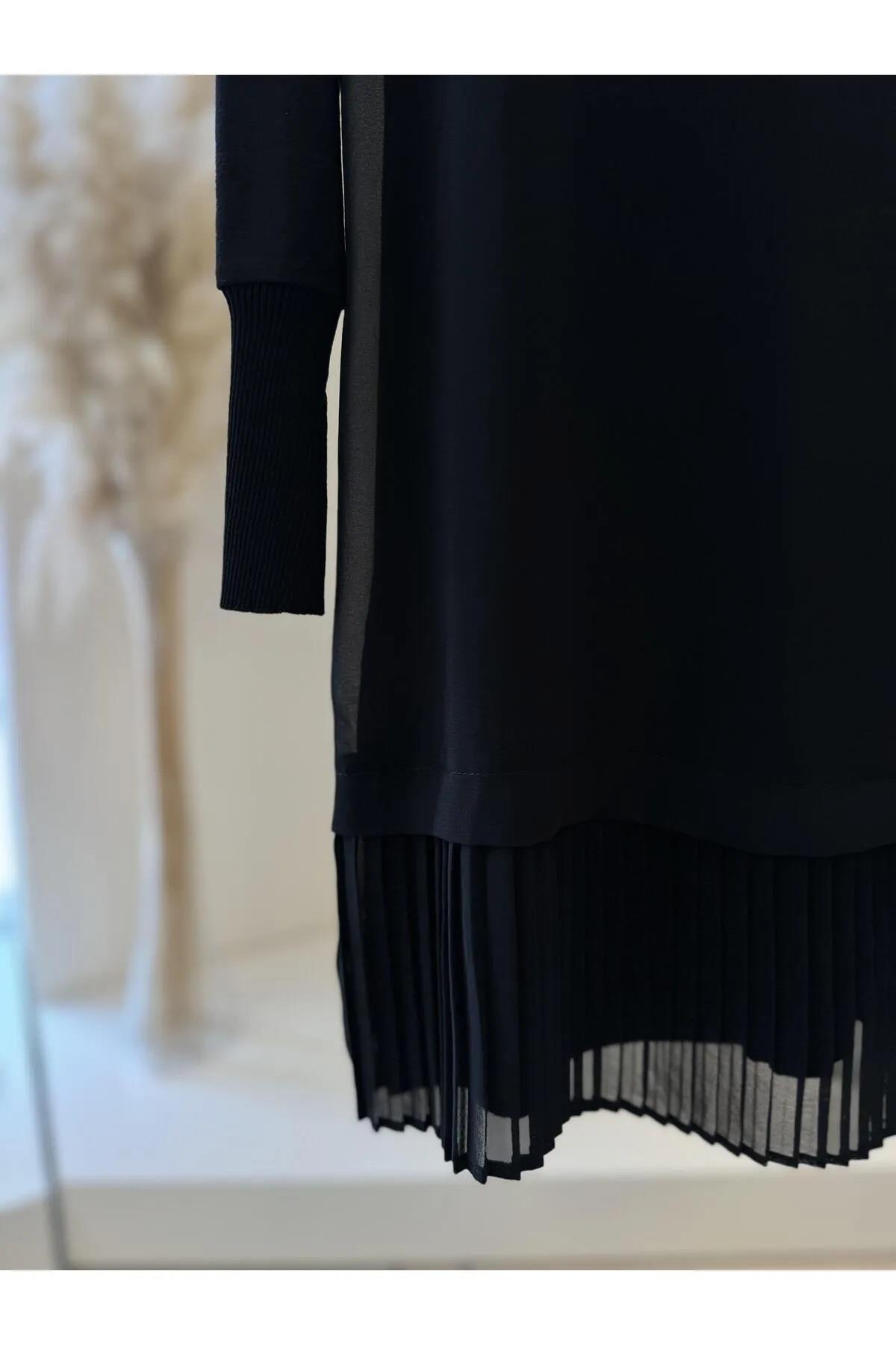 Şifonlu Uzun Kollu Piliseli Siyah İçlik 877