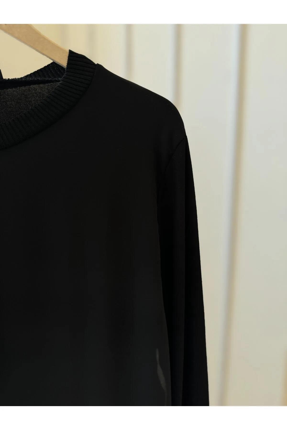 Şifonlu Uzun Kollu Piliseli Siyah İçlik 877