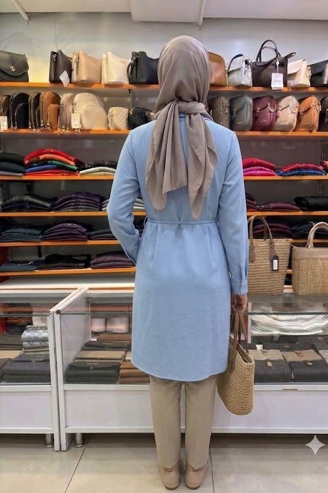 ZÜHRE Desenli Kuşaklı Solena Tunik Mavi T-1675