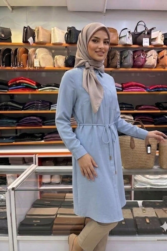 ZÜHRE Desenli Kuşaklı Solena Tunik Mavi T-1675
