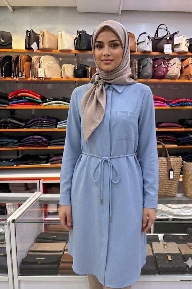 ZÜHRE Desenli Kuşaklı Solena Tunik Mavi T-1675