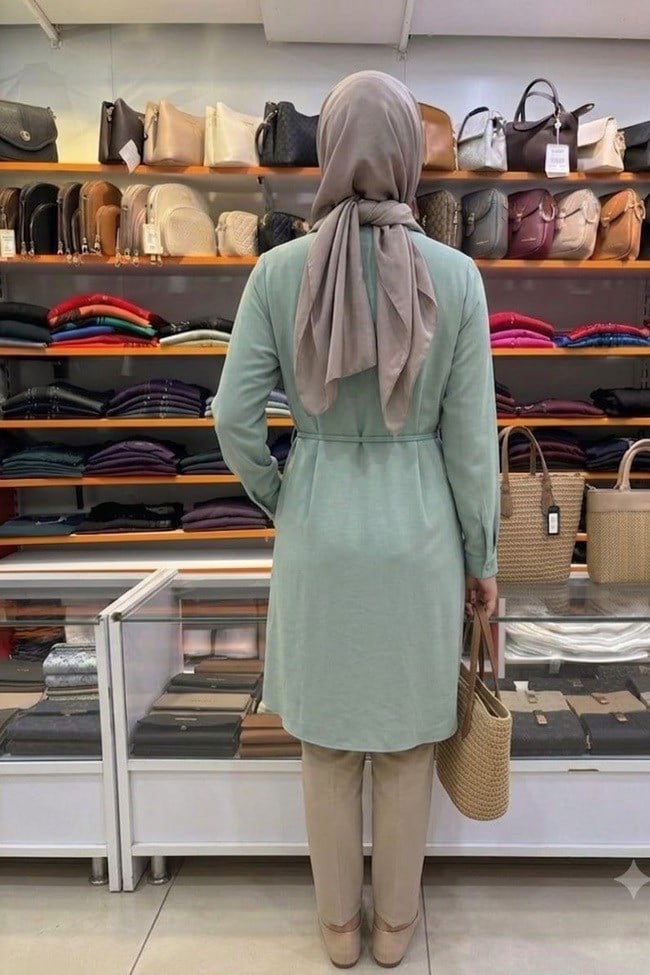 ZÜHRE Desenli Kuşaklı Solena Tunik Mint T-1675