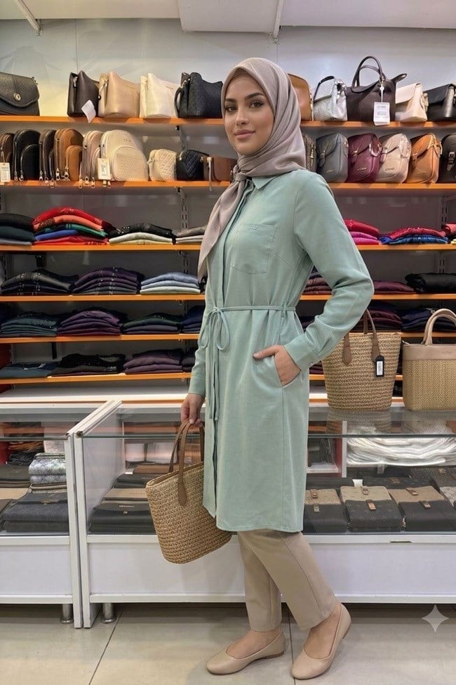 ZÜHRE Desenli Kuşaklı Solena Tunik Mint T-1675