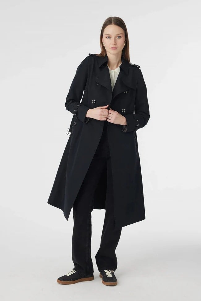 Zühre Kruvaze Yaka Beli Kuşaklı Lesna Trençkot Siyah 12528