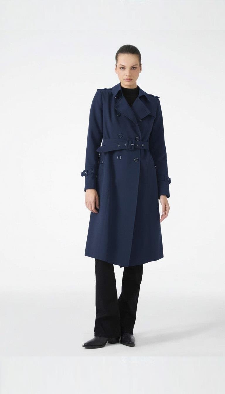 Zühre Kruvaze Yaka Beli Kuşaklı Uzun Lacivert Trençkot 12528