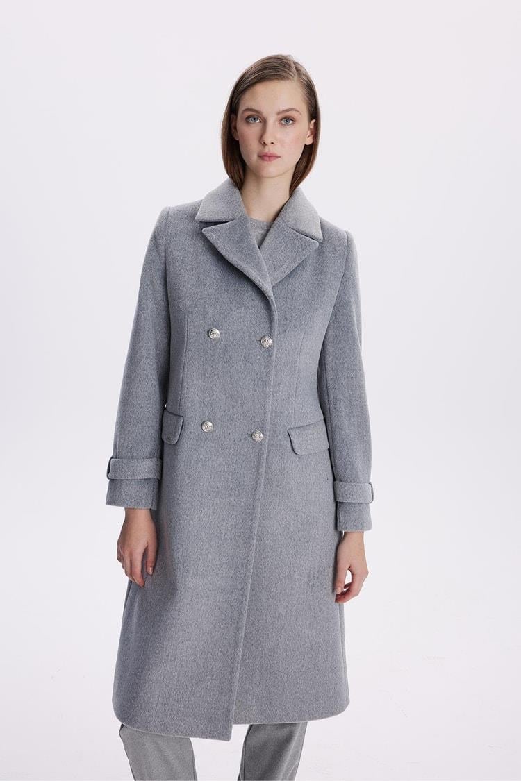 Zühre Kruvaze Yaka Uzun Gri Kaban 13570