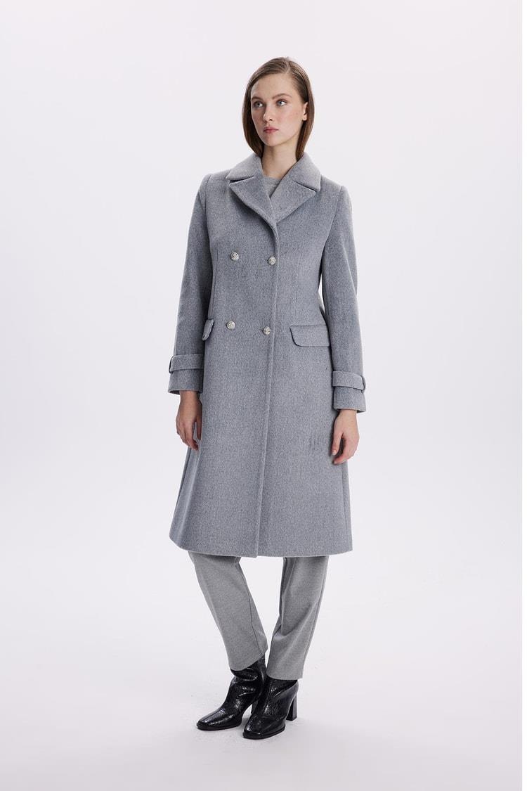 Zühre Kruvaze Yaka Uzun Gri Kaban 13570