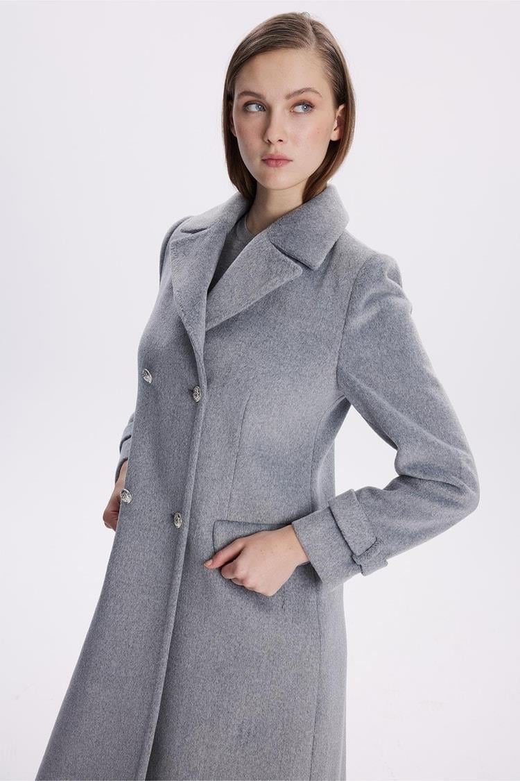 Zühre Kruvaze Yaka Uzun Gri Kaban 13570