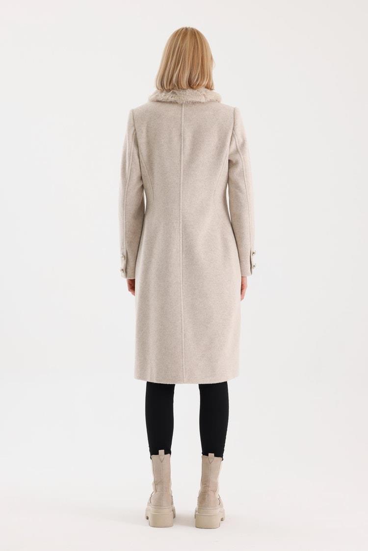 Zühre Kürk Yaka Cep Detaylı Kaşe Bej Kaban 13092