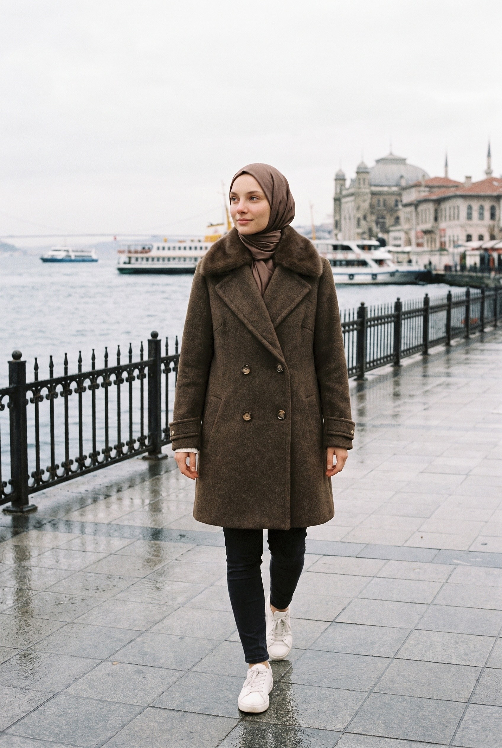 Zühre Kürk Yakalı Kısa Kaşe Kaban Kahve 14131