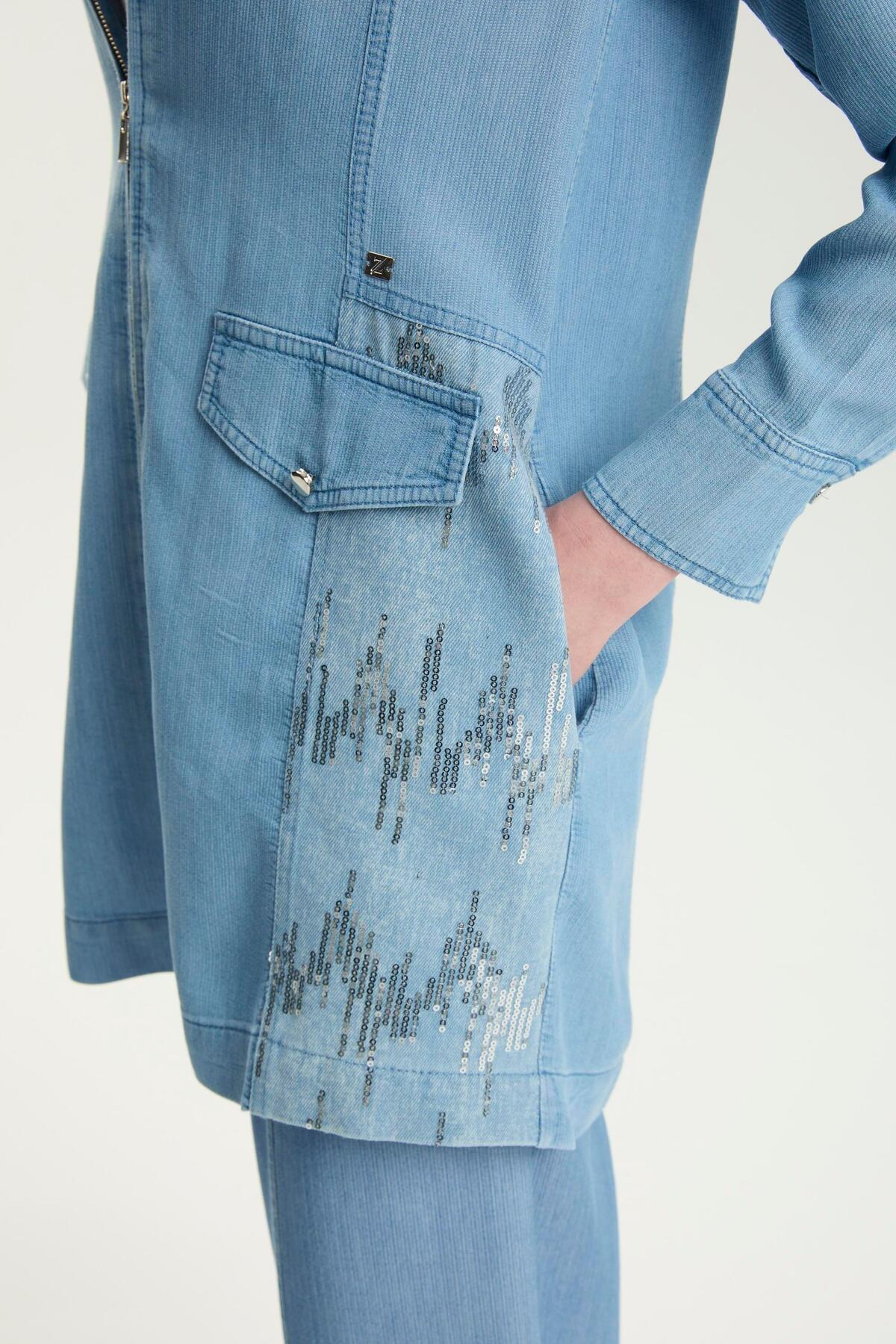 Zühre Pul Detaylı Ceket İçlik İkili Noa Denim Takım Mavi TK-1577