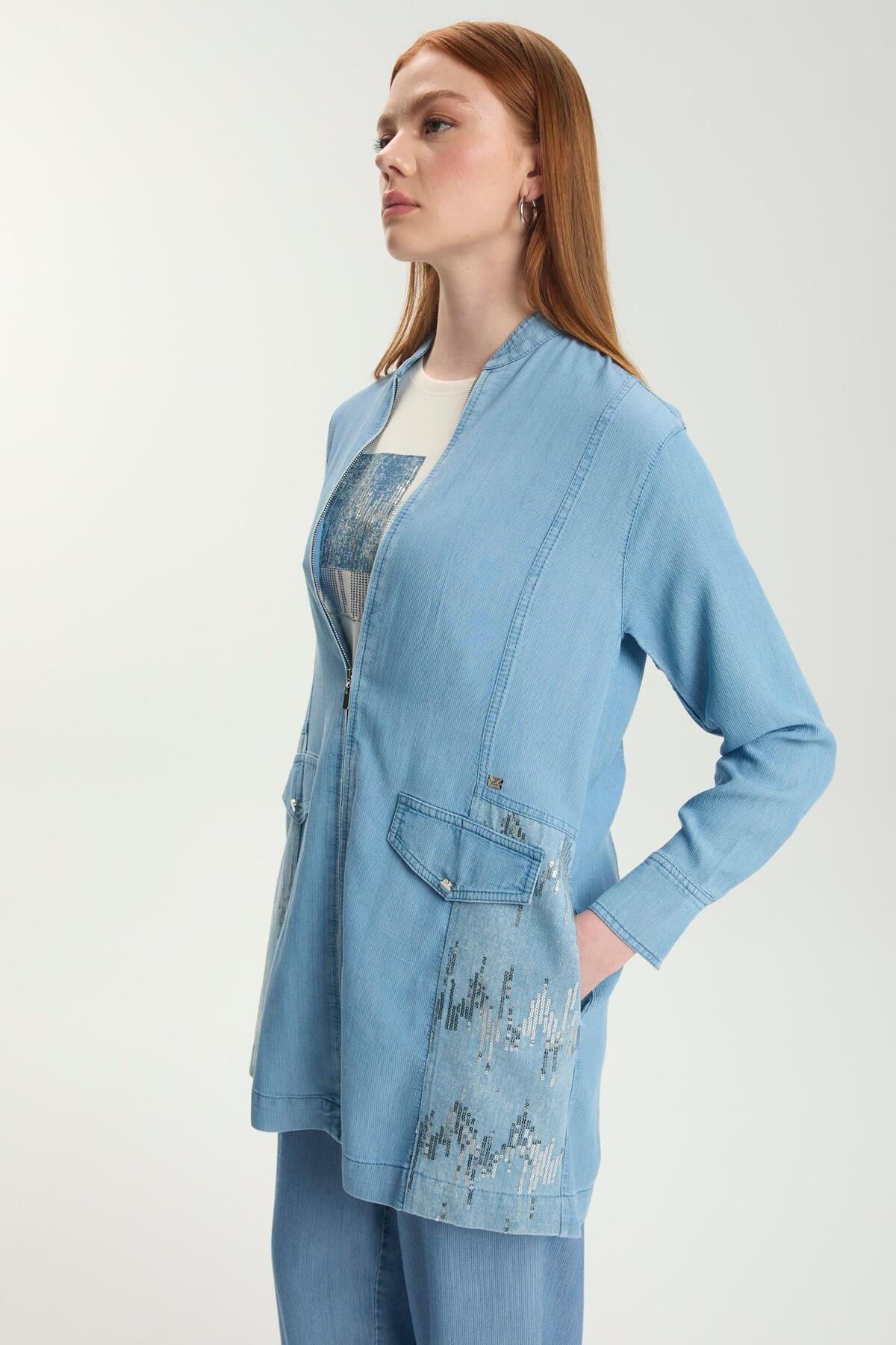 Zühre Pul Detaylı Ceket İçlik İkili Noa Denim Takım Mavi TK-1577