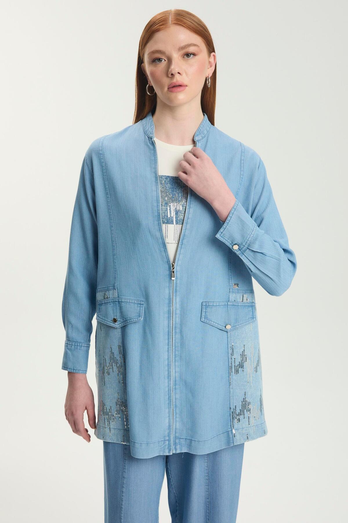 Zühre Pul Detaylı Ceket İçlik İkili Noa Denim Takım Mavi TK-1577