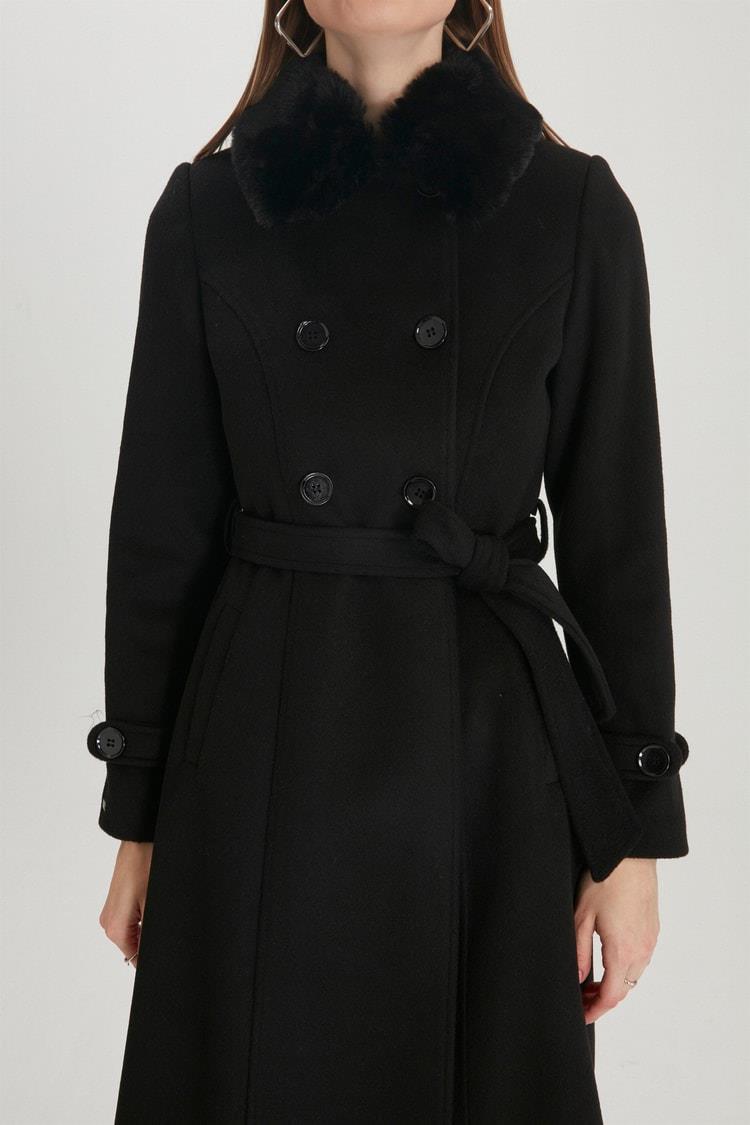 Zühre Yaka Kürk Detaylı Siyah Kaşe Kaban 13112