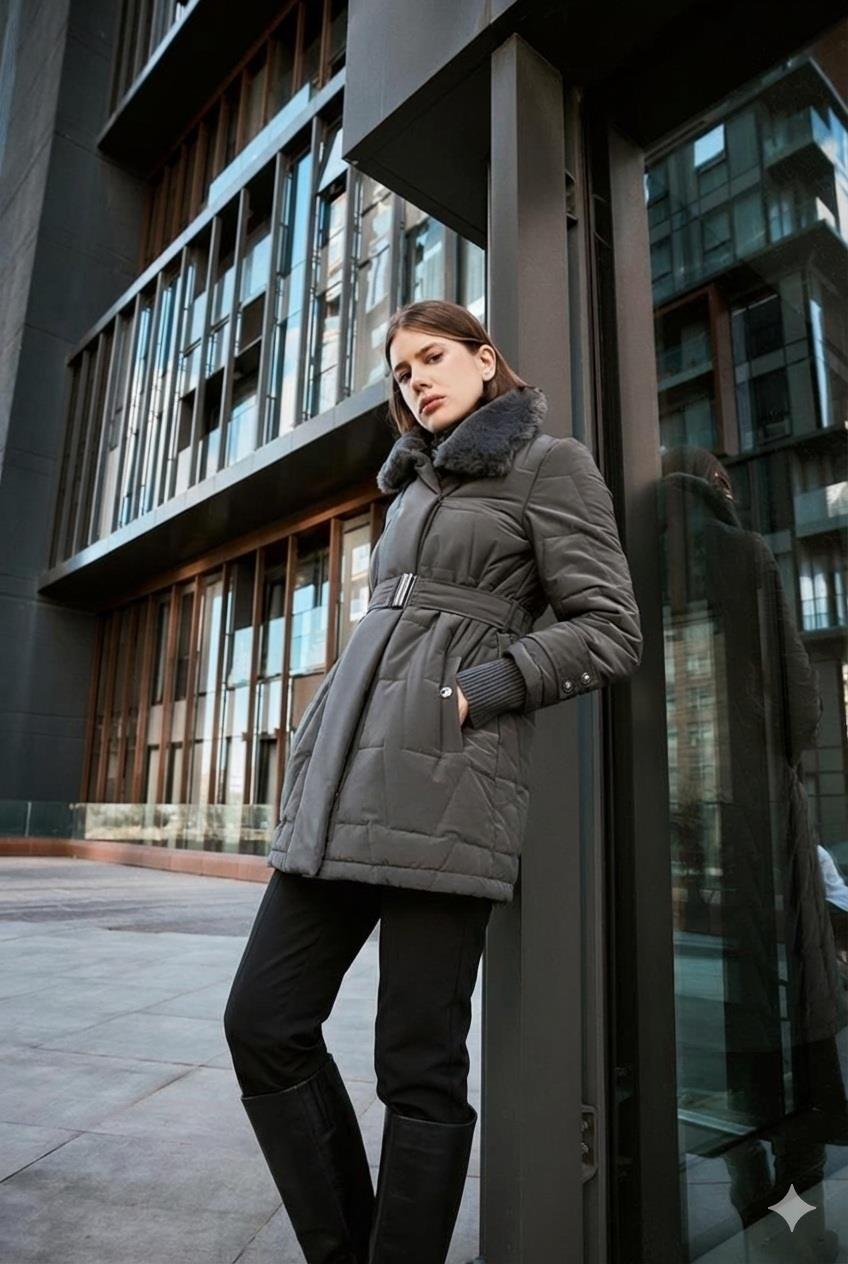 Zühre Yakası Kürk ve Kemer Detaylı Füme Şişme Mont 95Cm 12764