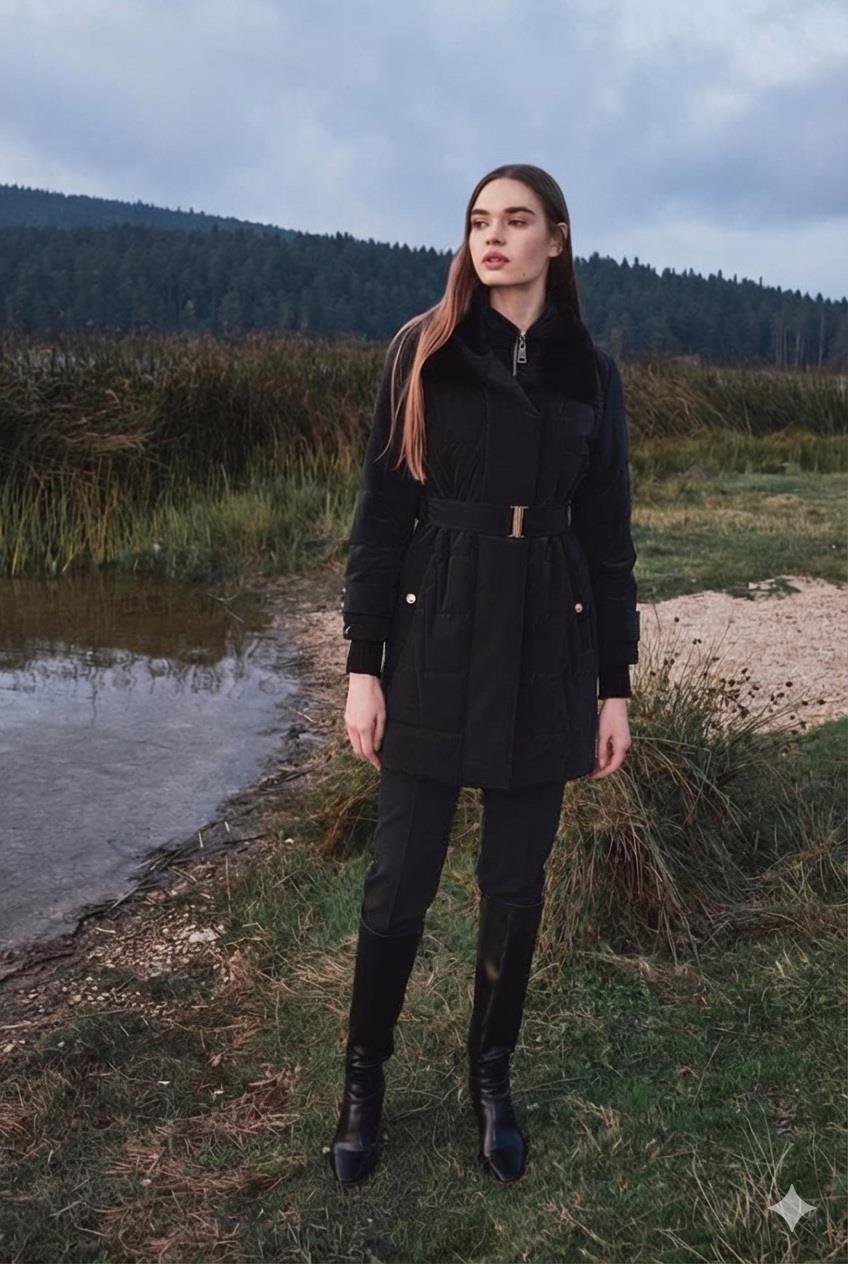 Zühre Yakası Kürk ve Kemer Detaylı Siyah Şişme Mont 95cm 12764