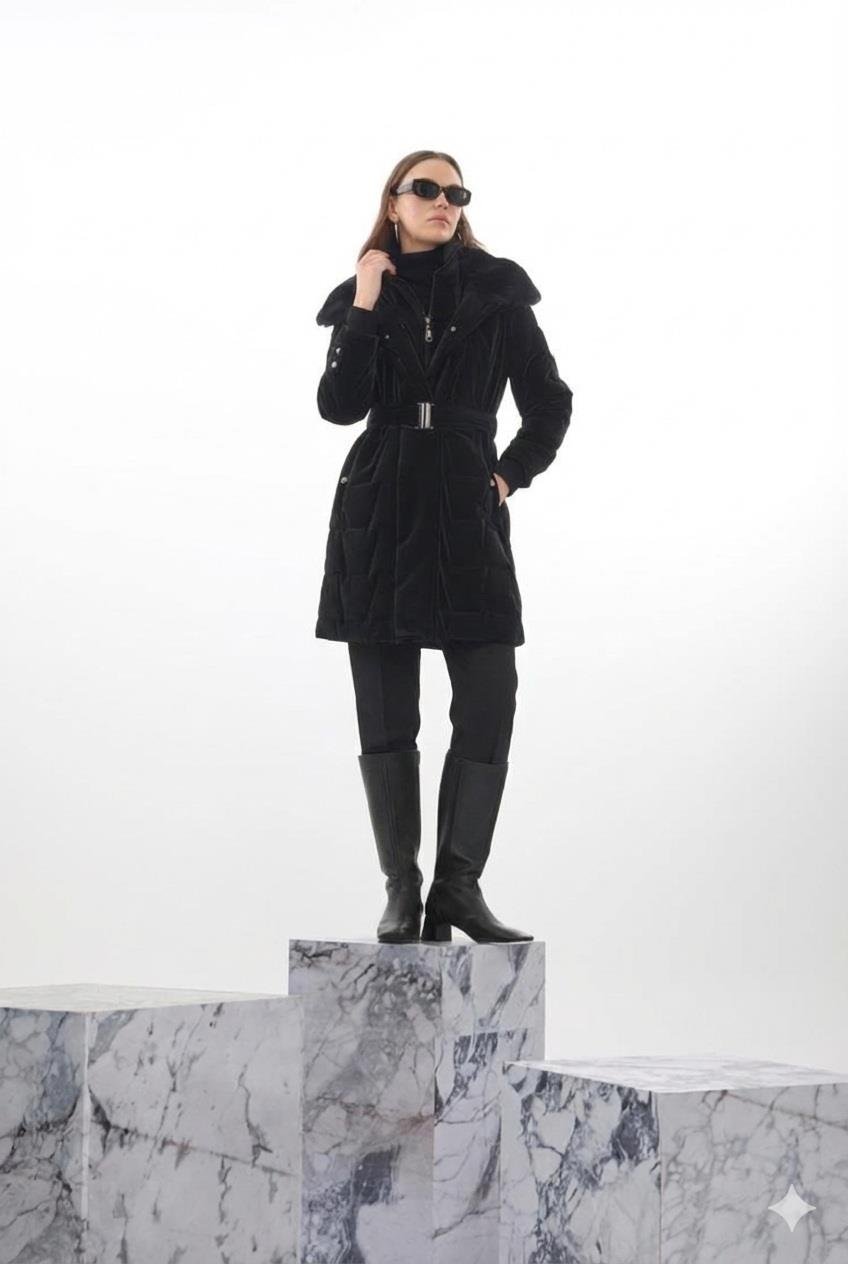 Zühre Yakası Kürk ve Kemer Detaylı Siyah Şişme Mont 95cm 12764