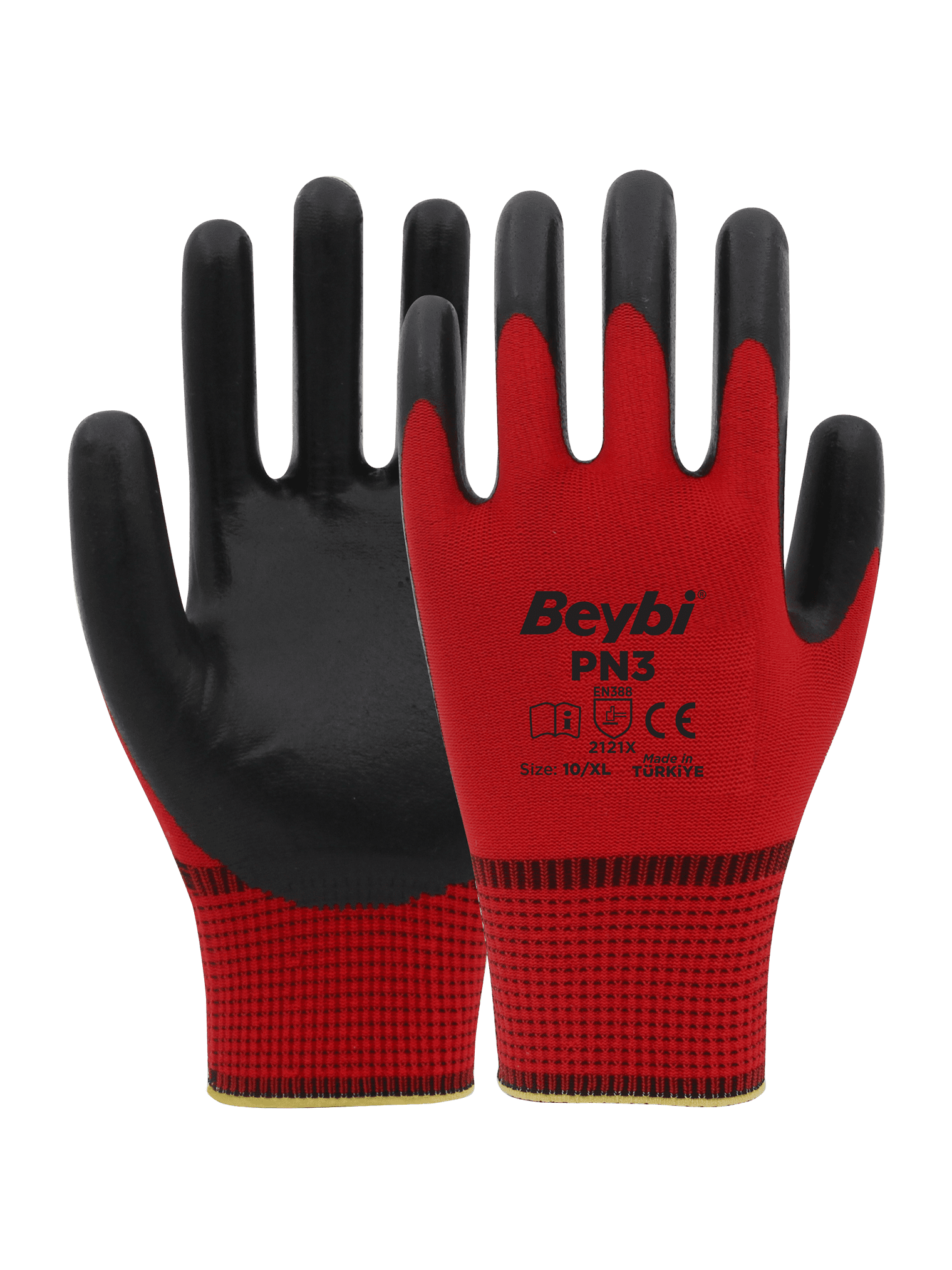 Beybi PN3 Kırmızı Nitril Kaplı Polyester Eldiven 9-10 Beden